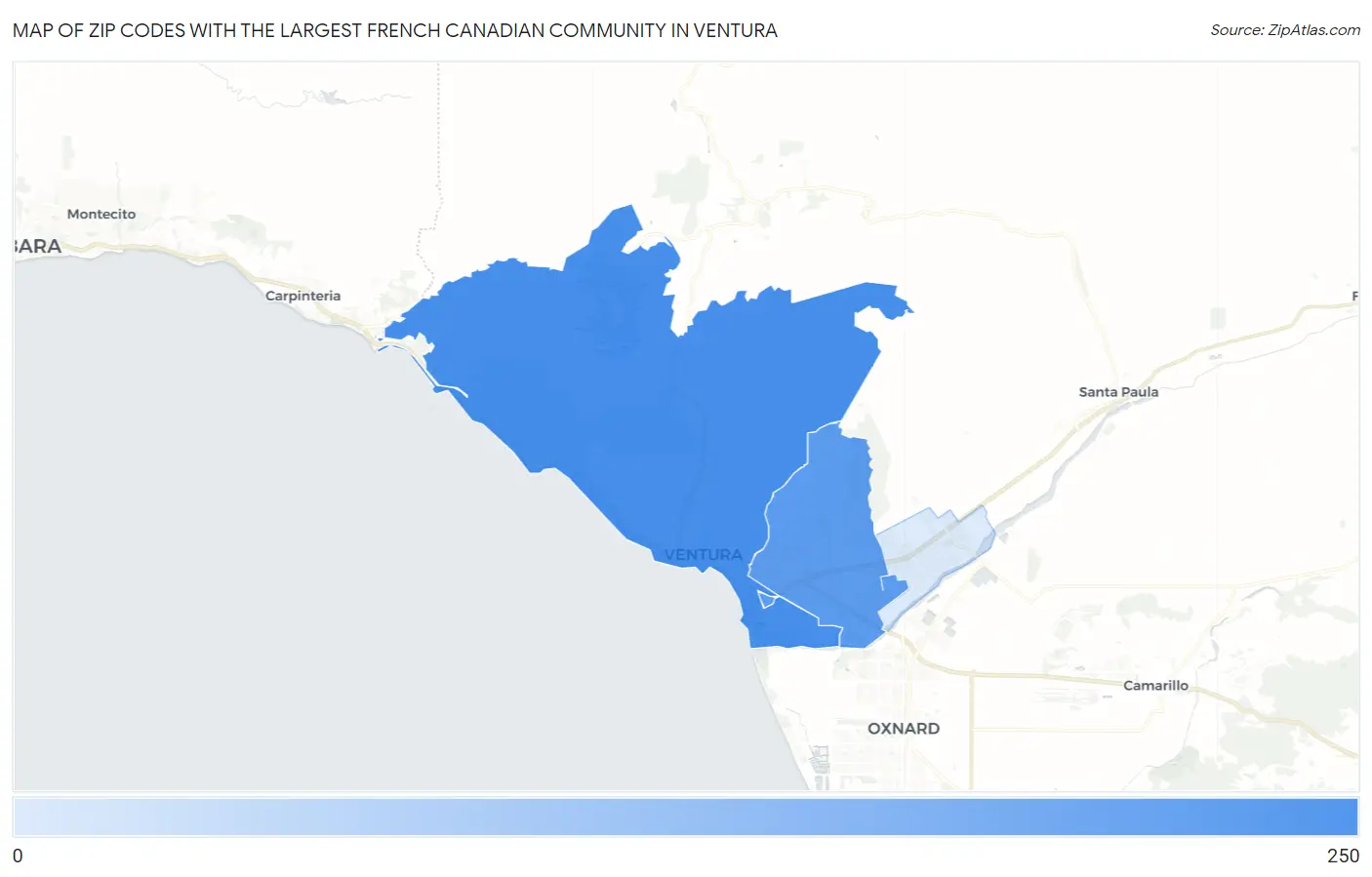 Zip Codes with the Largest French Canadian Community in Ventura Map
