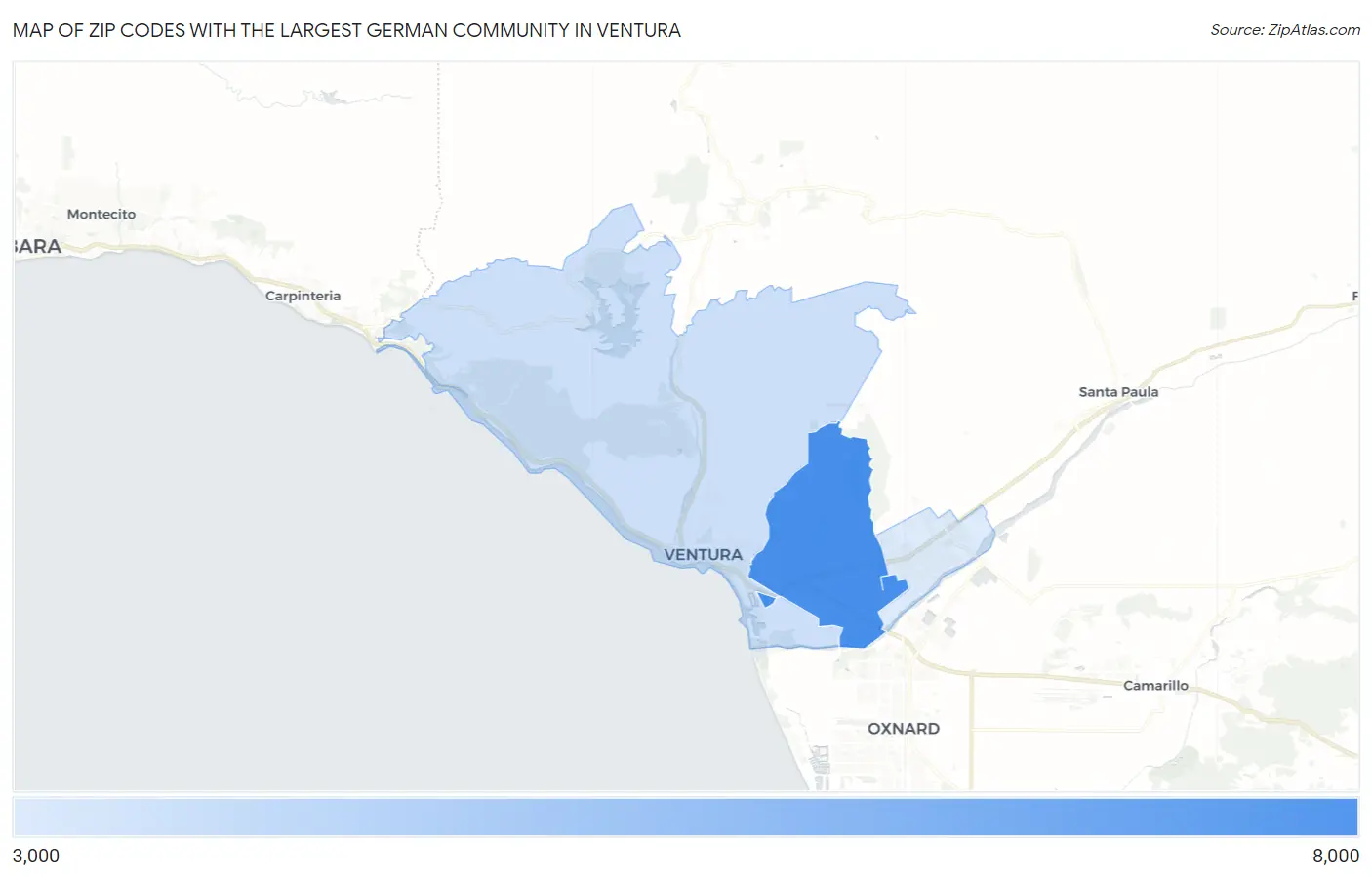 Zip Codes with the Largest German Community in Ventura Map