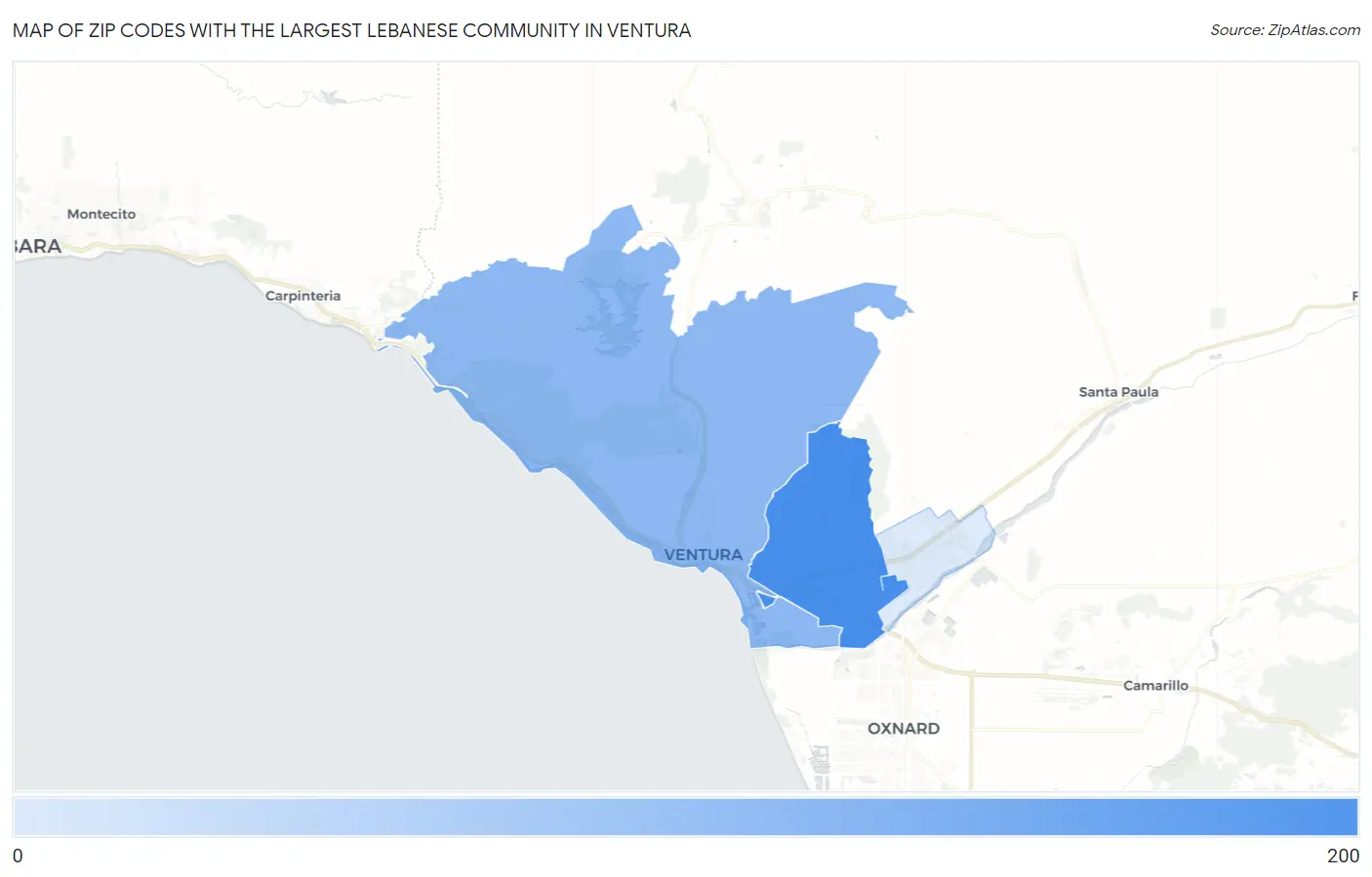 Zip Codes with the Largest Lebanese Community in Ventura Map