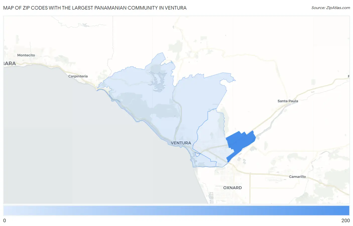 Zip Codes with the Largest Panamanian Community in Ventura Map