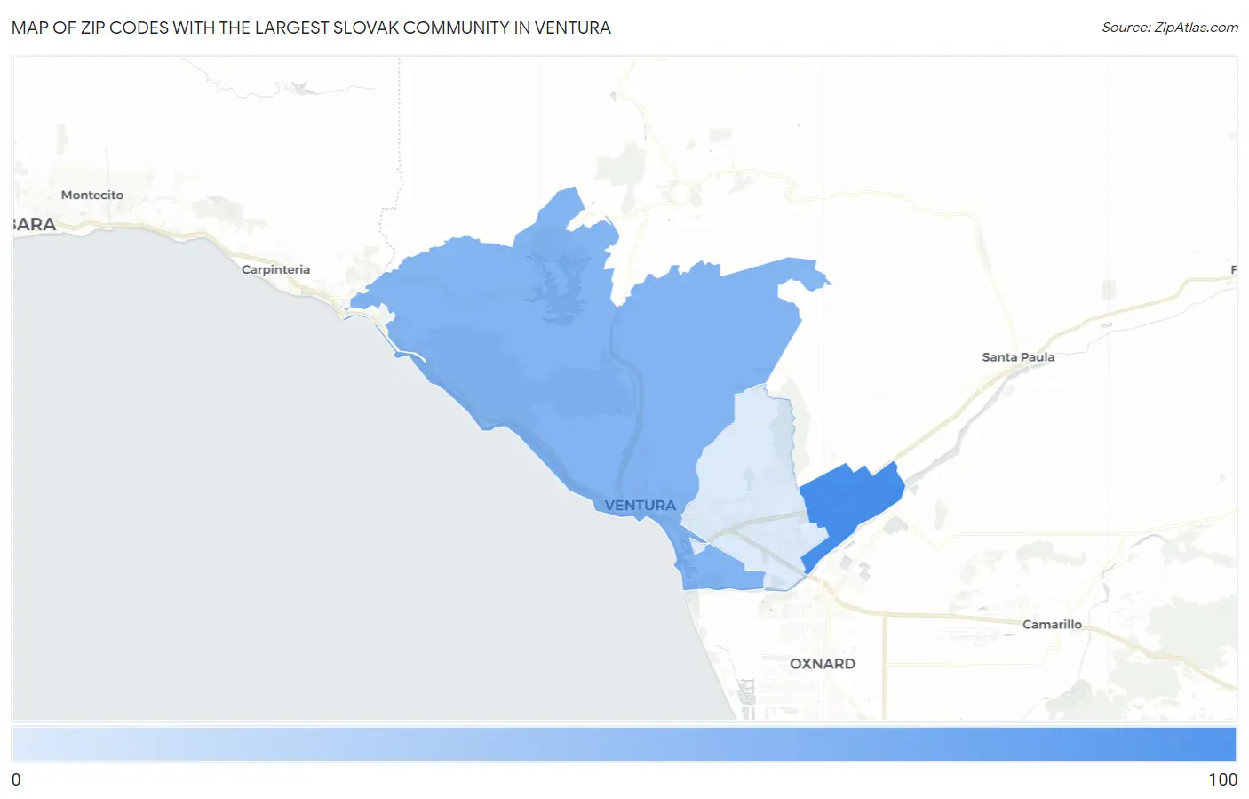 Zip Codes with the Largest Slovak Community in Ventura Map