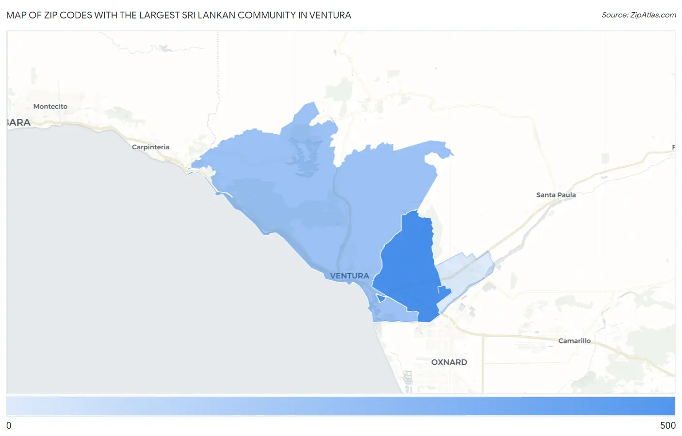 Zip Codes with the Largest Sri Lankan Community in Ventura Map