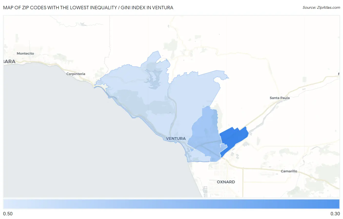 Zip Codes with the Lowest Inequality / Gini Index in Ventura Map