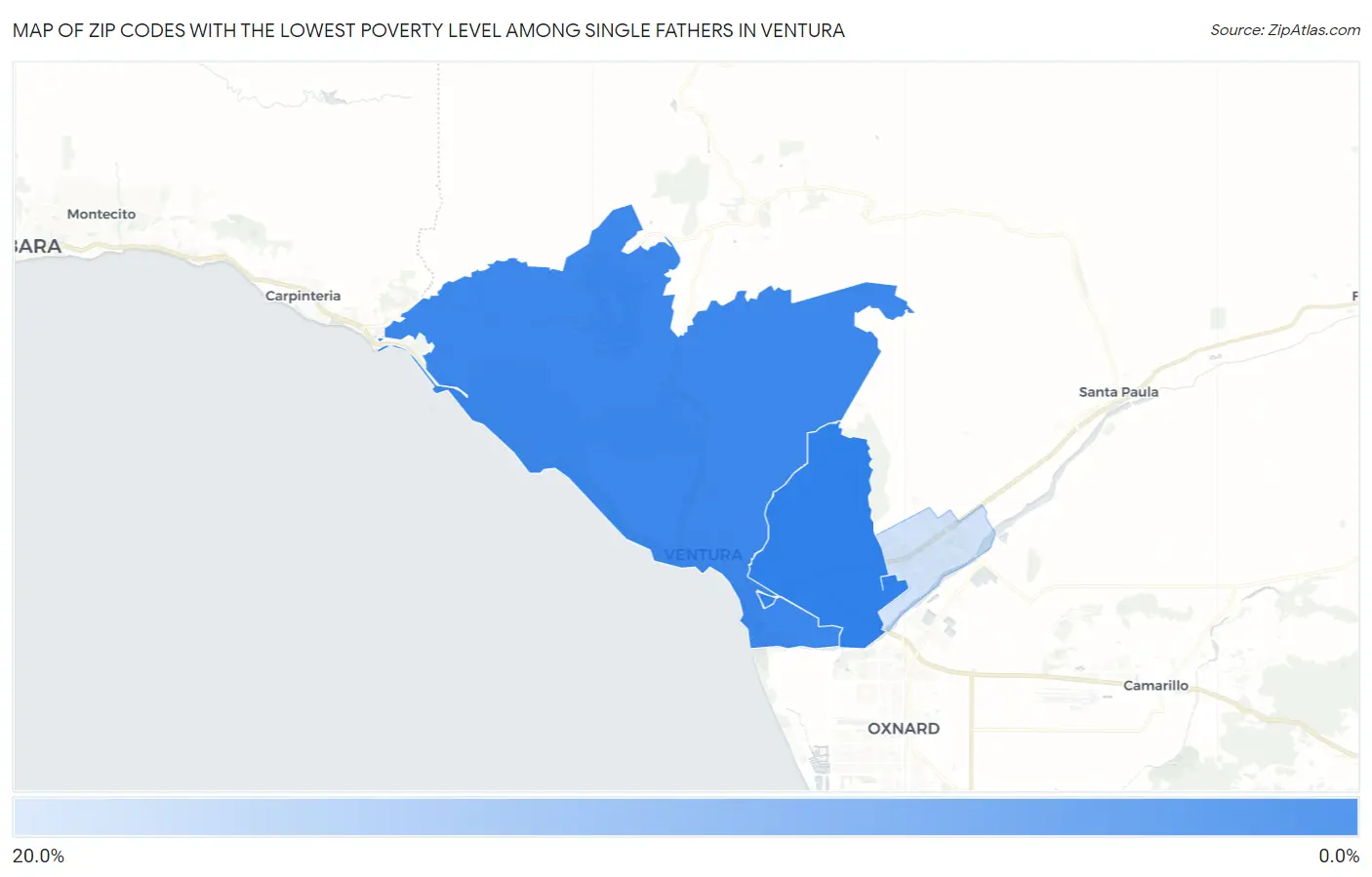 Zip Codes with the Lowest Poverty Level Among Single Fathers in Ventura Map