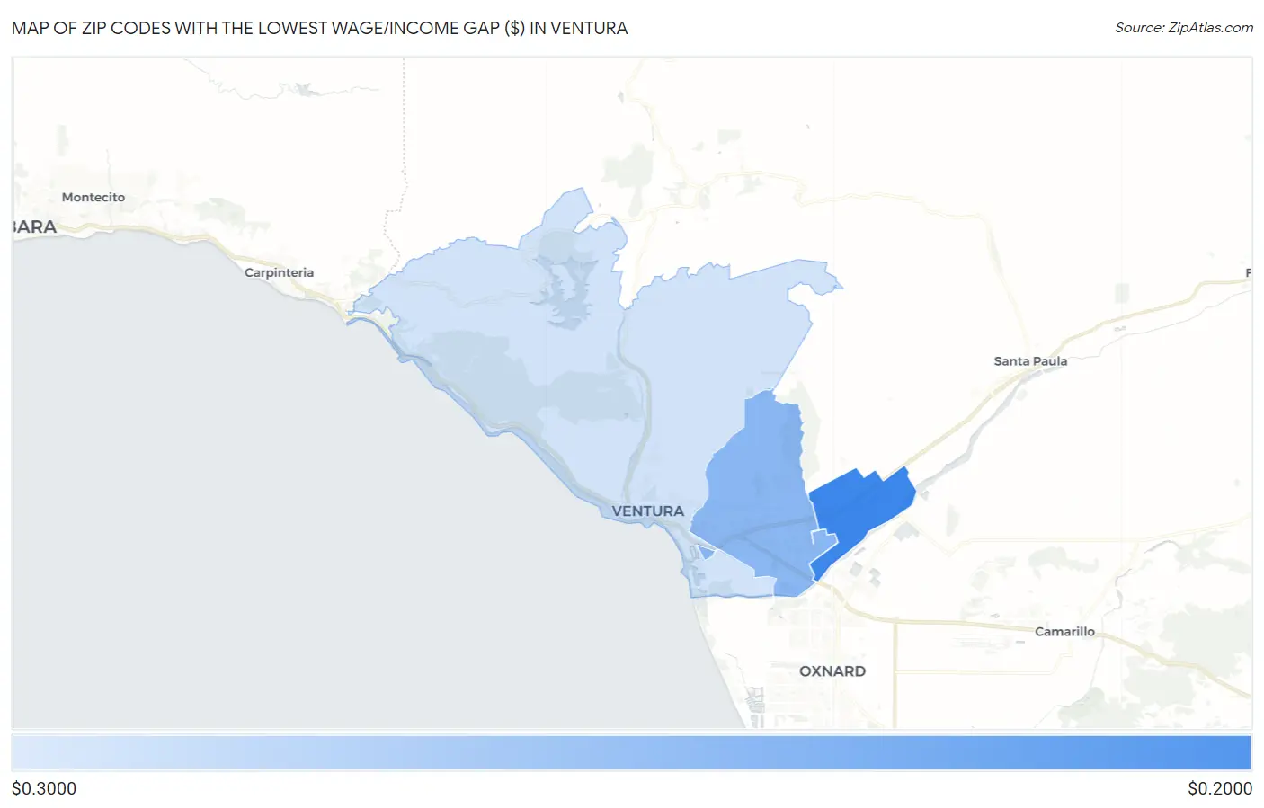 Zip Codes with the Lowest Wage/Income Gap ($) in Ventura Map
