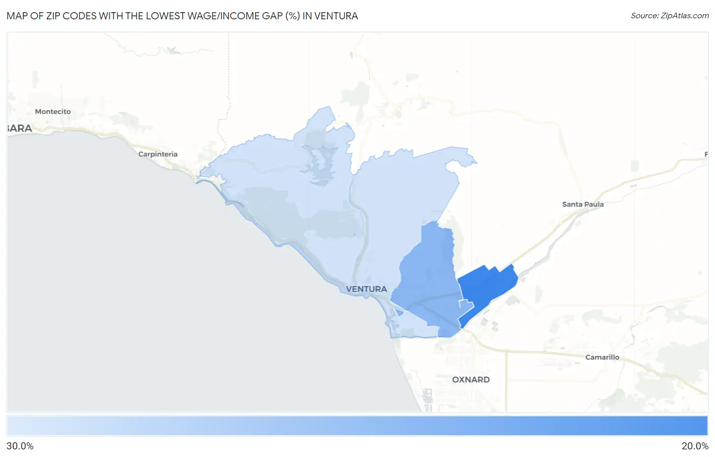 Zip Codes with the Lowest Wage/Income Gap (%) in Ventura Map