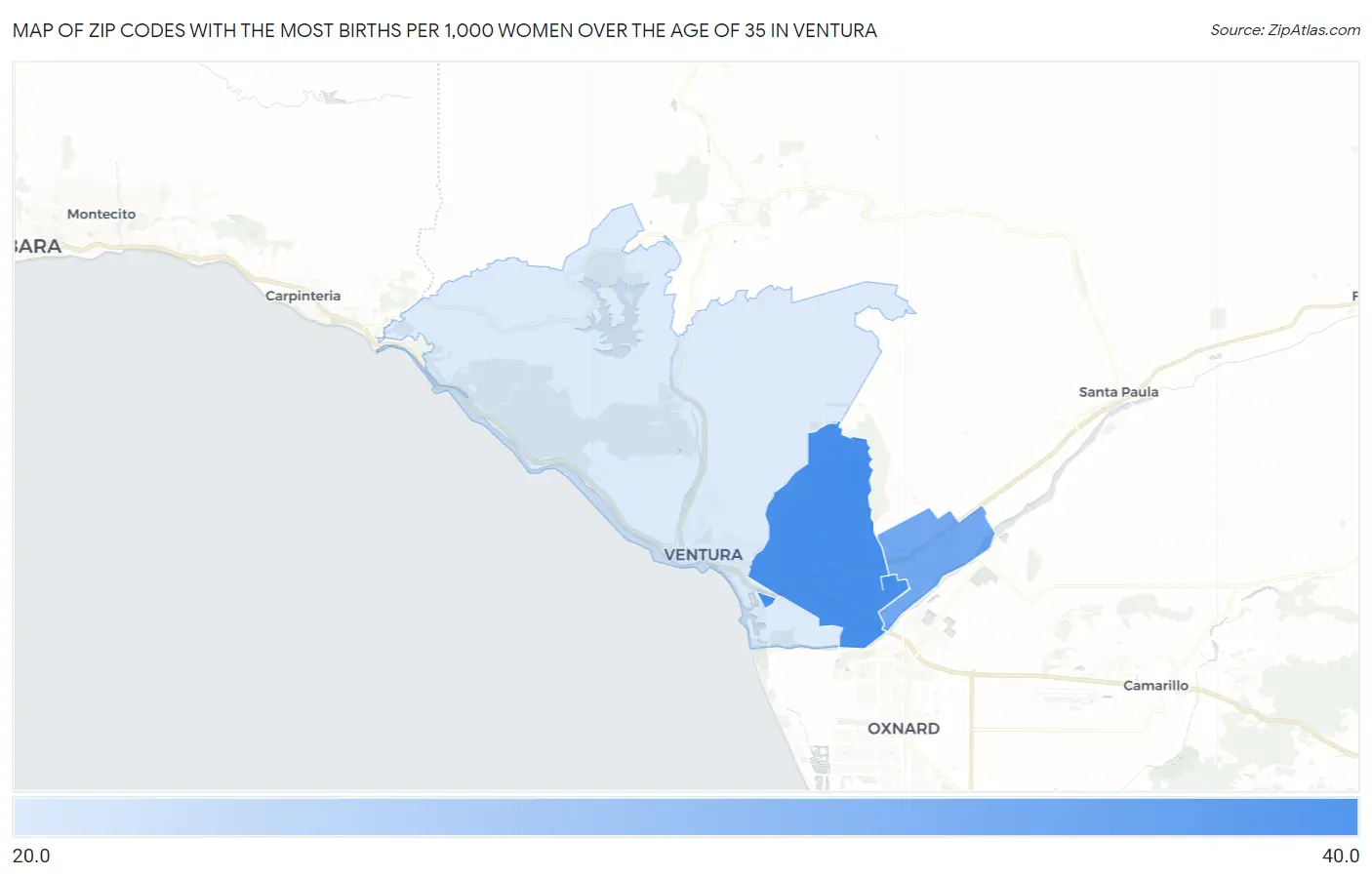 Zip Codes with the Most Births per 1,000 Women Over the Age of 35 in Ventura Map