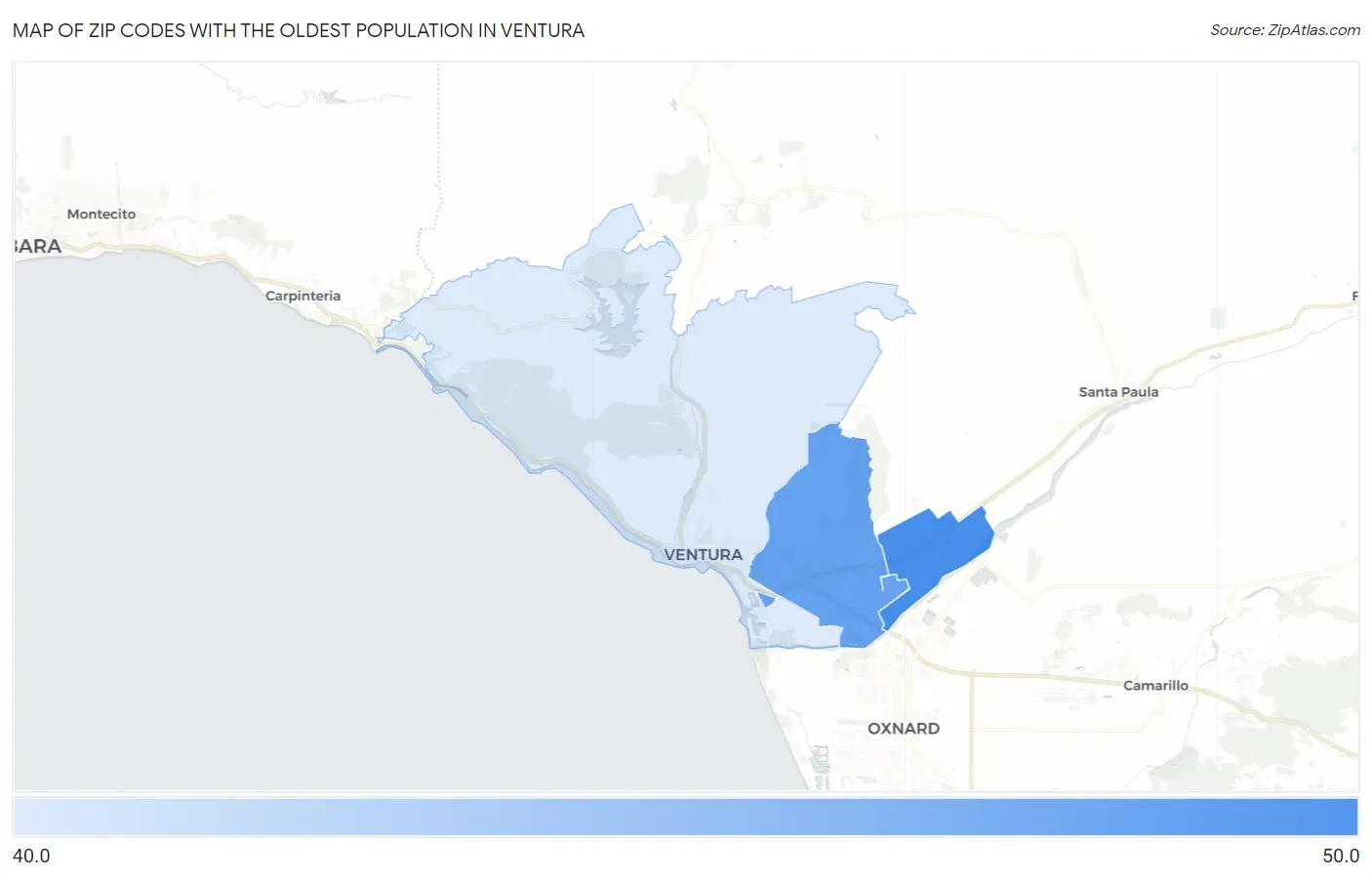 Zip Codes with the Oldest Population in Ventura Map