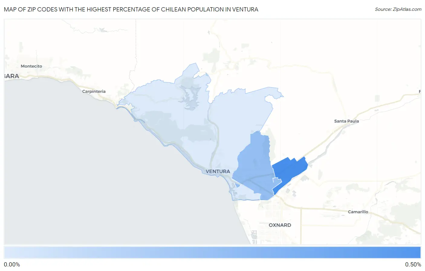Zip Codes with the Highest Percentage of Chilean Population in Ventura Map