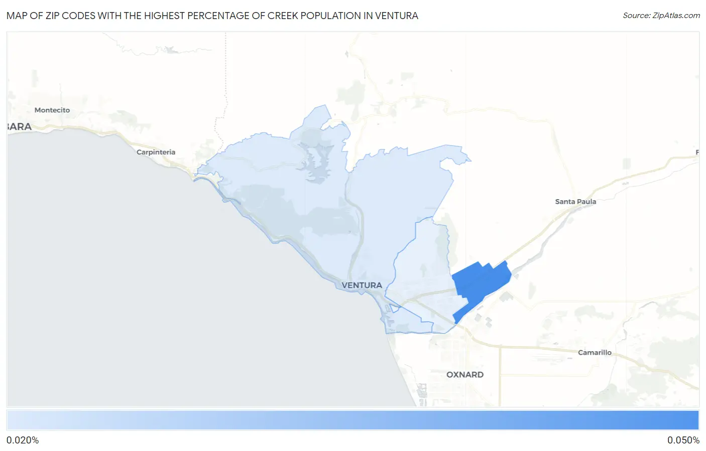 Zip Codes with the Highest Percentage of Creek Population in Ventura Map