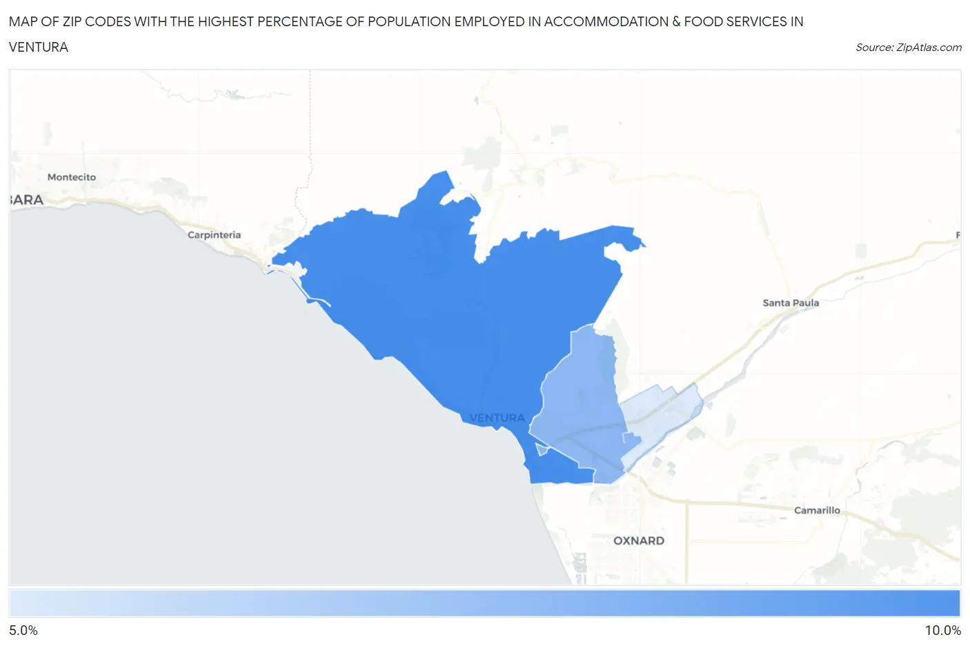 Zip Codes with the Highest Percentage of Population Employed in Accommodation & Food Services in Ventura Map