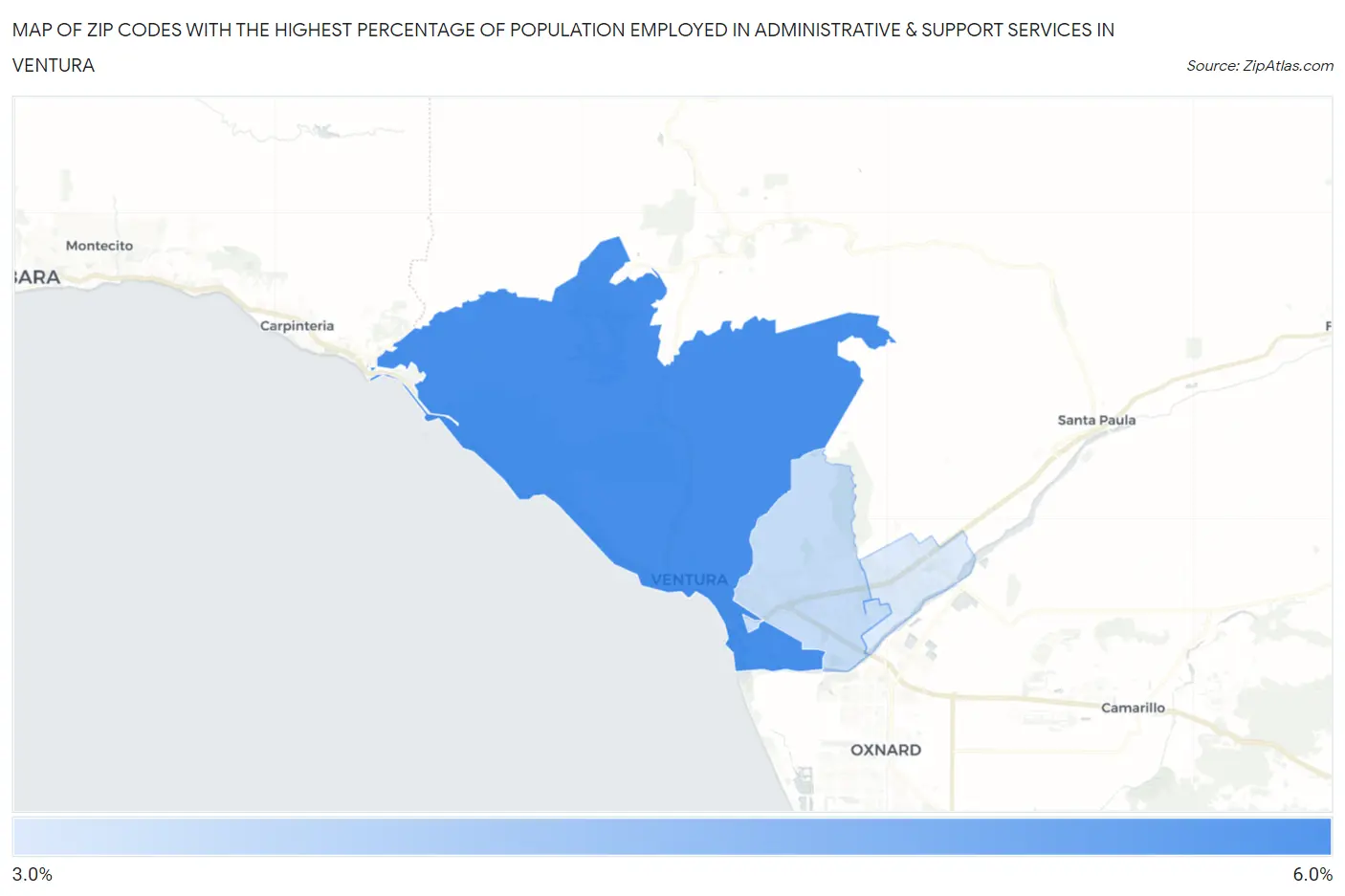 Zip Codes with the Highest Percentage of Population Employed in Administrative & Support Services in Ventura Map