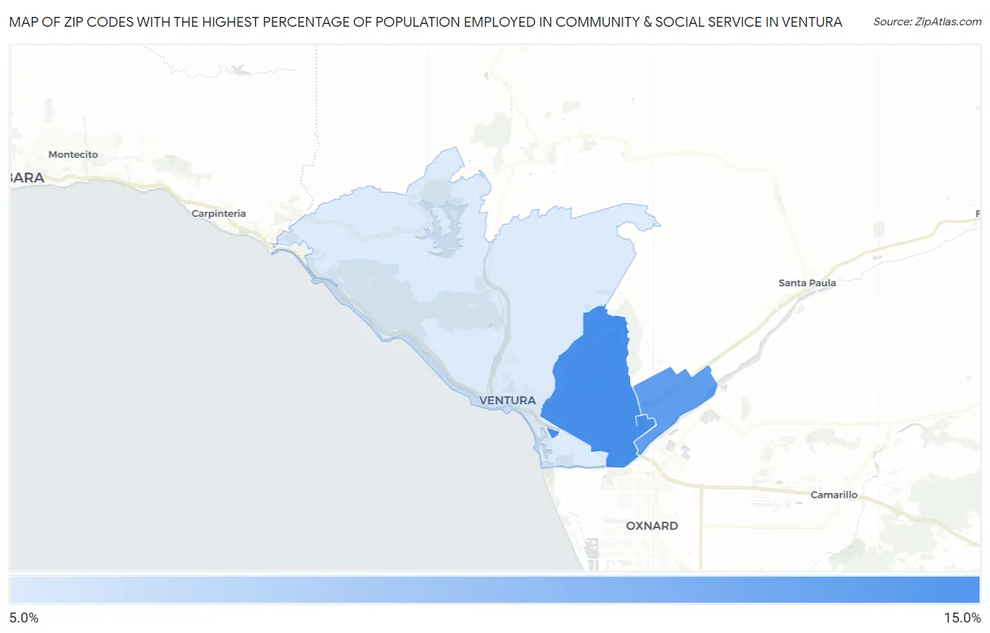 Zip Codes with the Highest Percentage of Population Employed in Community & Social Service  in Ventura Map