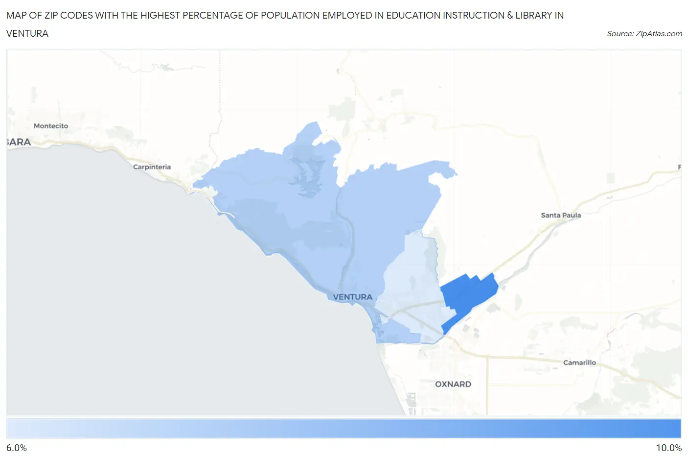 Zip Codes with the Highest Percentage of Population Employed in Education Instruction & Library in Ventura Map