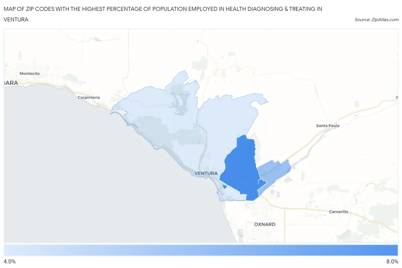 Zip Codes with the Highest Percentage of Population Employed in Health Diagnosing & Treating in Ventura Map