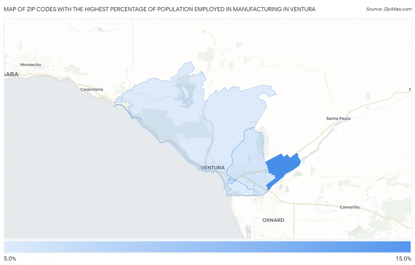 Zip Codes with the Highest Percentage of Population Employed in Manufacturing in Ventura Map