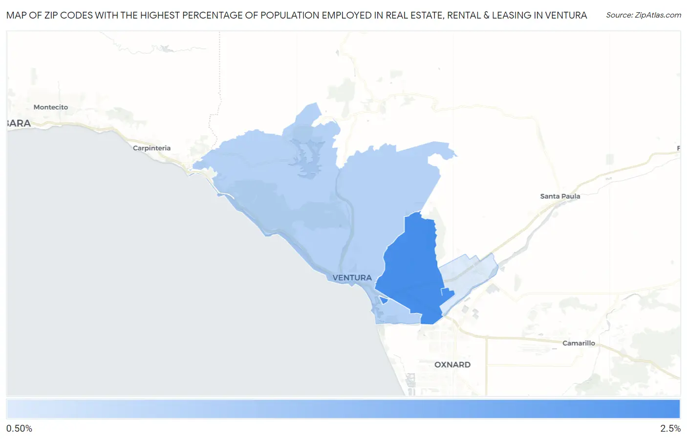 Zip Codes with the Highest Percentage of Population Employed in Real Estate, Rental & Leasing in Ventura Map