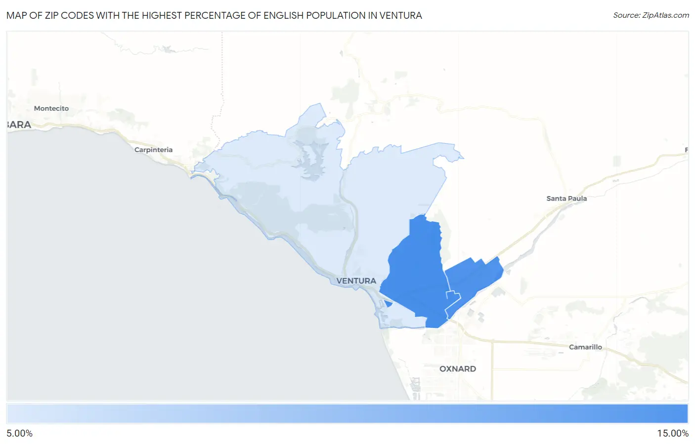 Zip Codes with the Highest Percentage of English Population in Ventura Map