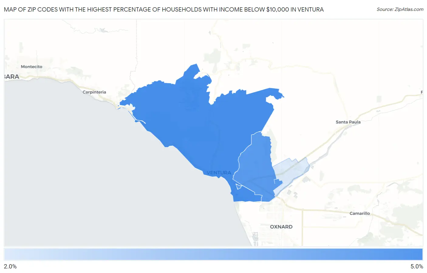 Zip Codes with the Highest Percentage of Households with Income Below $10,000 in Ventura Map