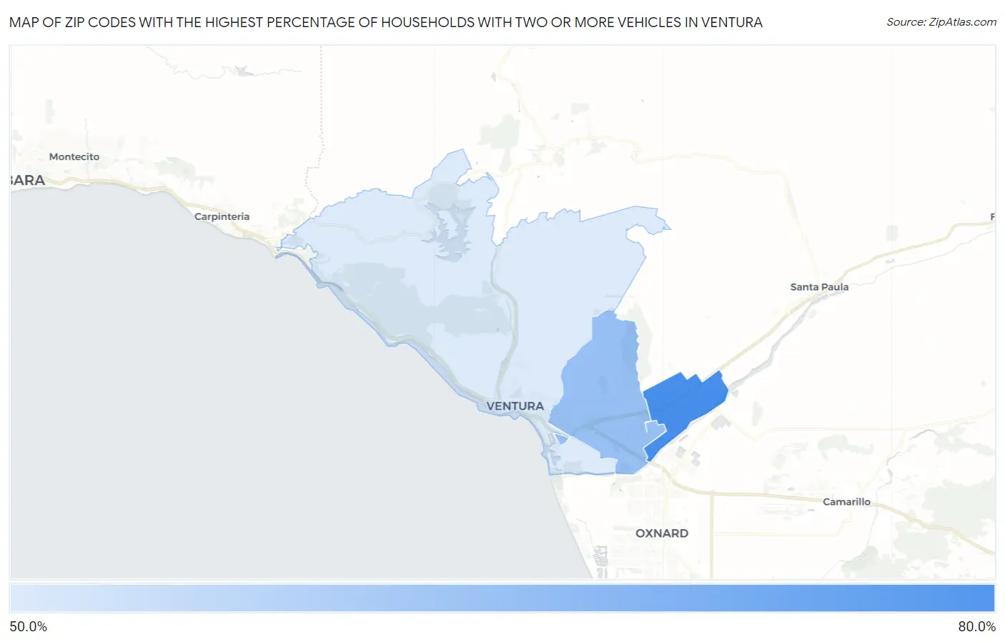 Zip Codes with the Highest Percentage of Households With Two or more Vehicles in Ventura Map