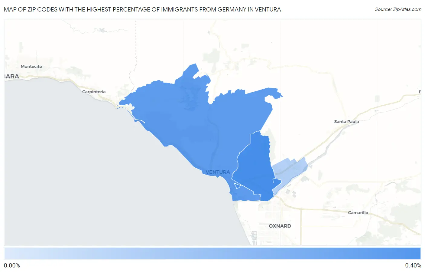 Zip Codes with the Highest Percentage of Immigrants from Germany in Ventura Map