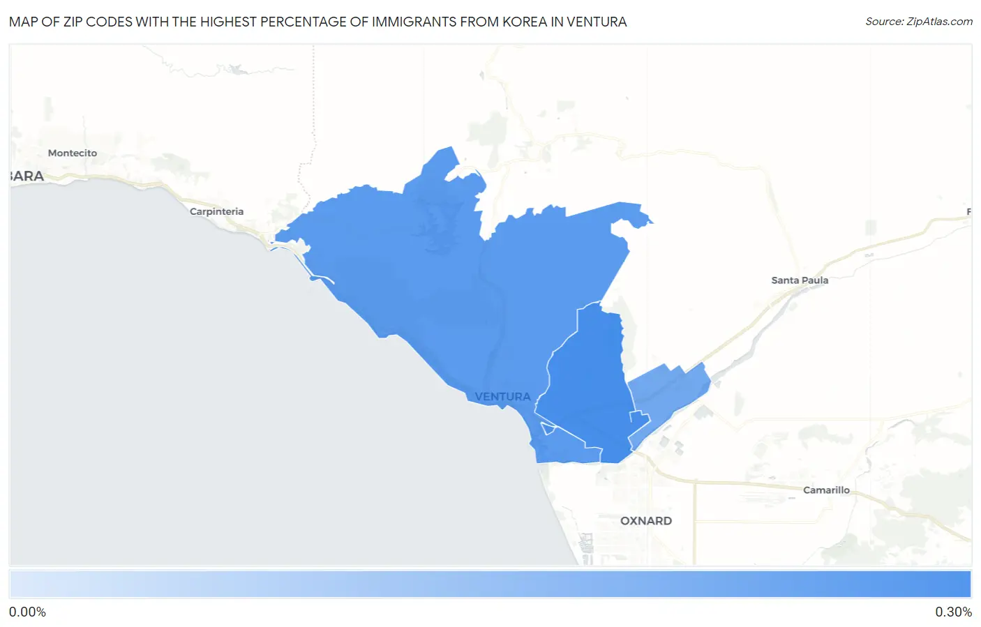 Zip Codes with the Highest Percentage of Immigrants from Korea in Ventura Map