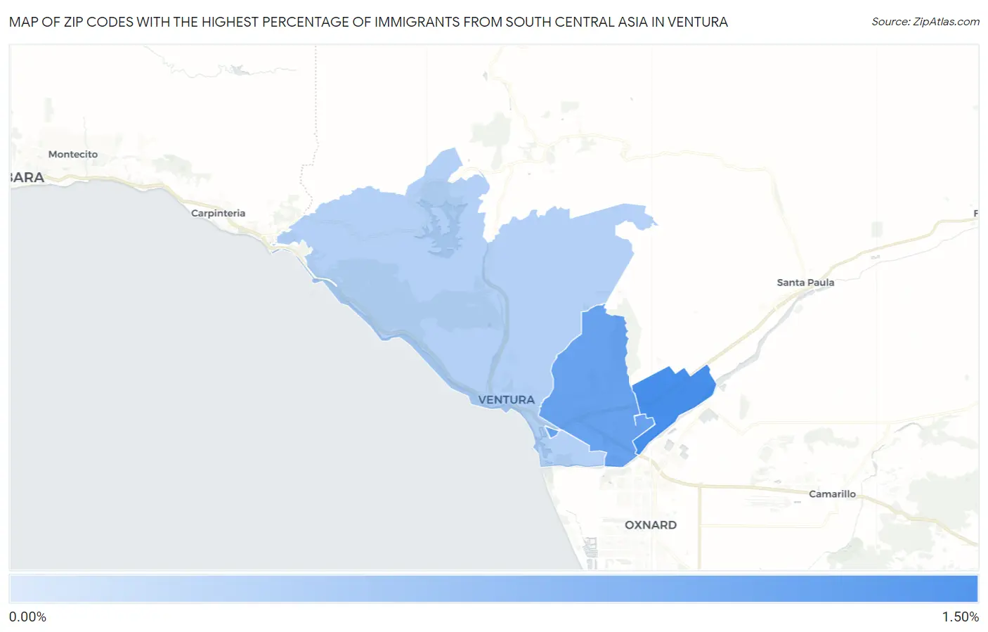 Zip Codes with the Highest Percentage of Immigrants from South Central Asia in Ventura Map