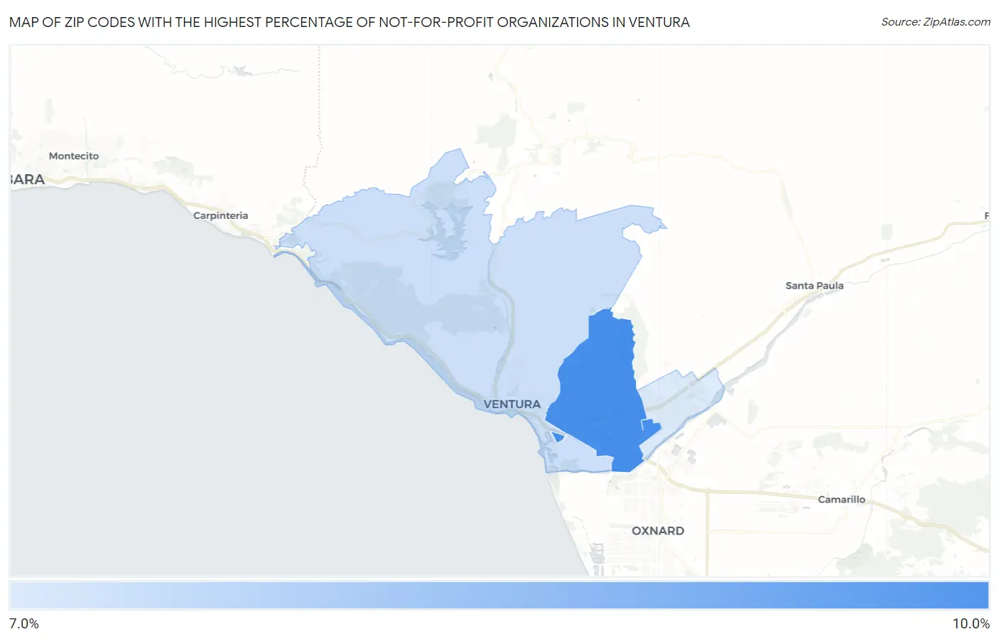 Zip Codes with the Highest Percentage of Not-for-profit Organizations in Ventura Map
