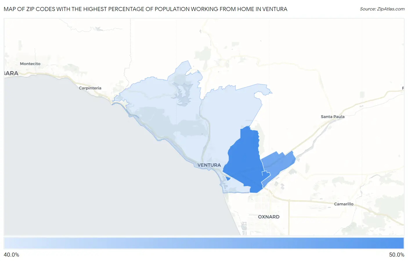 Zip Codes with the Highest Percentage of Population Working from Home in Ventura Map