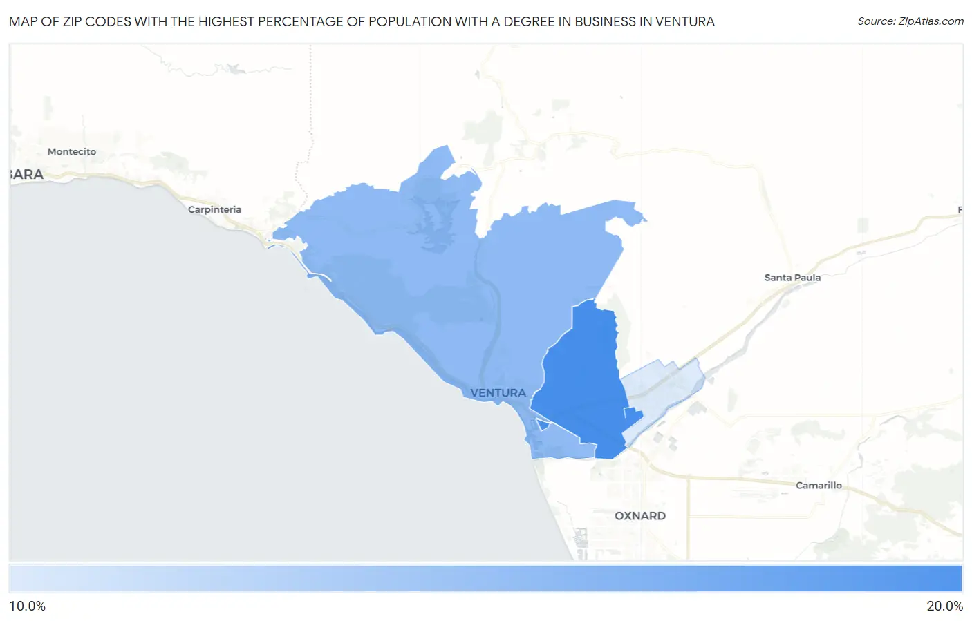Zip Codes with the Highest Percentage of Population with a Degree in Business in Ventura Map