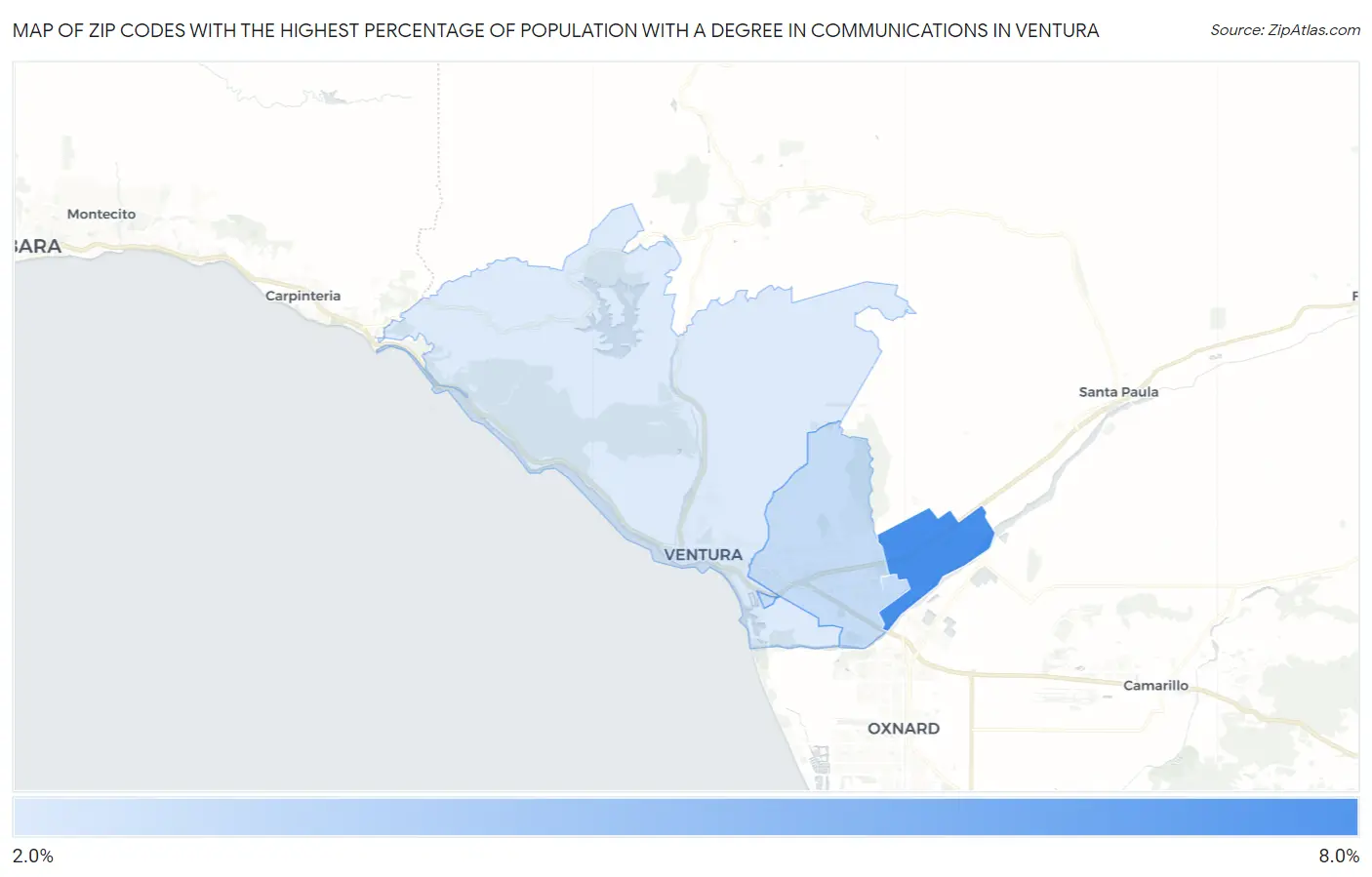 Zip Codes with the Highest Percentage of Population with a Degree in Communications in Ventura Map