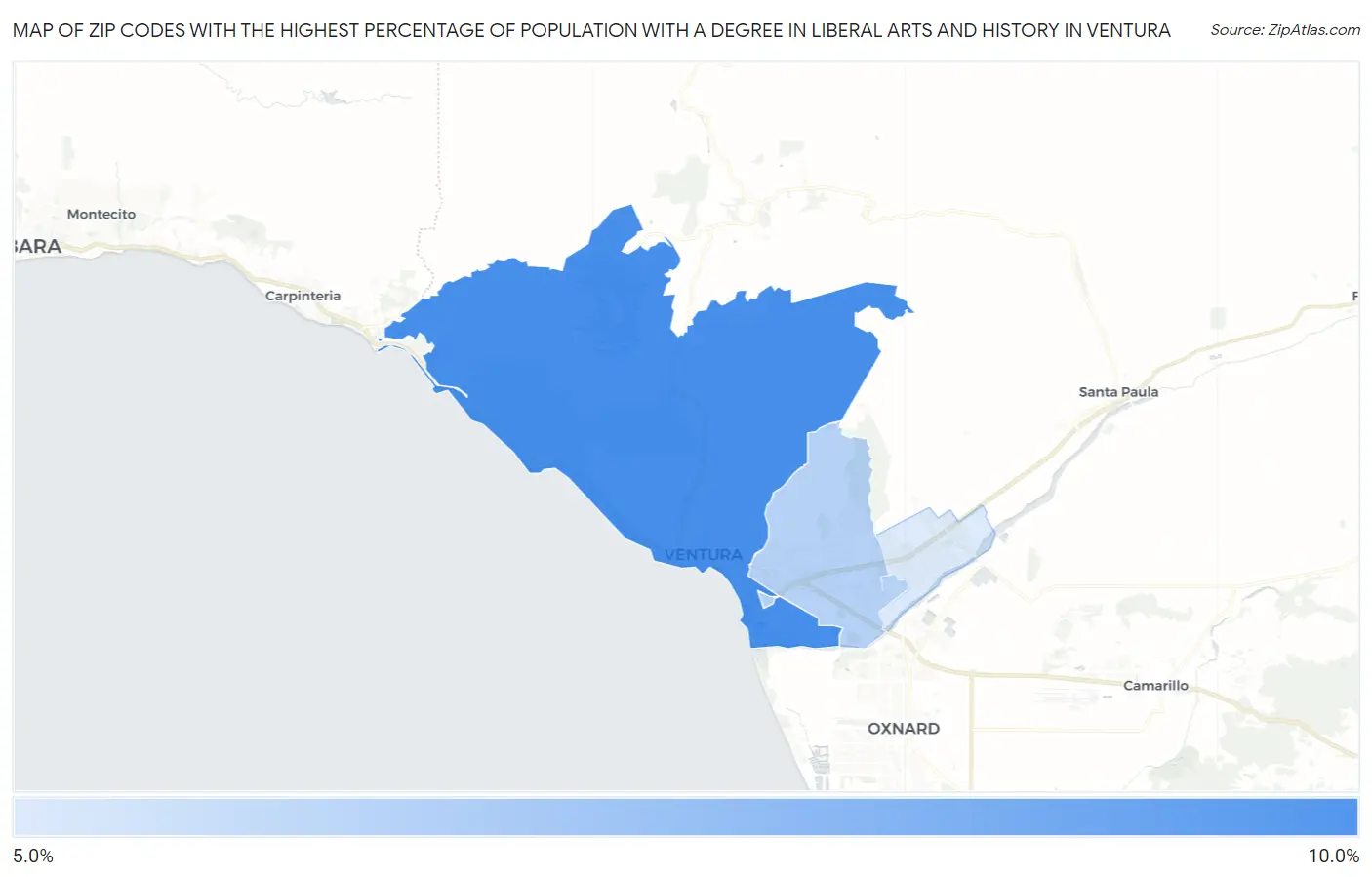 Zip Codes with the Highest Percentage of Population with a Degree in Liberal Arts and History in Ventura Map