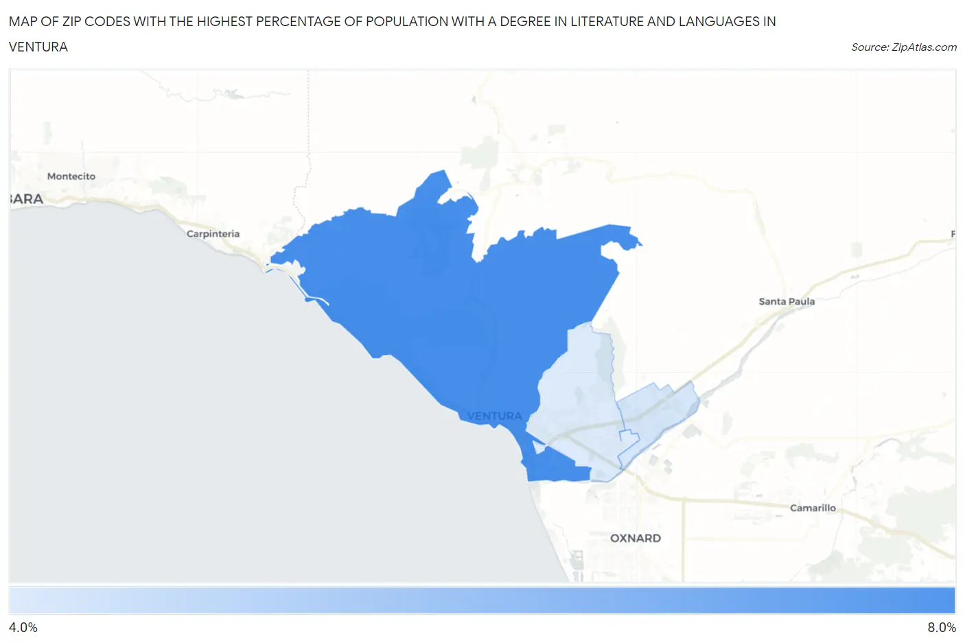 Zip Codes with the Highest Percentage of Population with a Degree in Literature and Languages in Ventura Map
