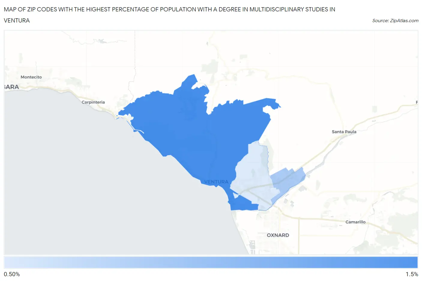 Zip Codes with the Highest Percentage of Population with a Degree in Multidisciplinary Studies in Ventura Map