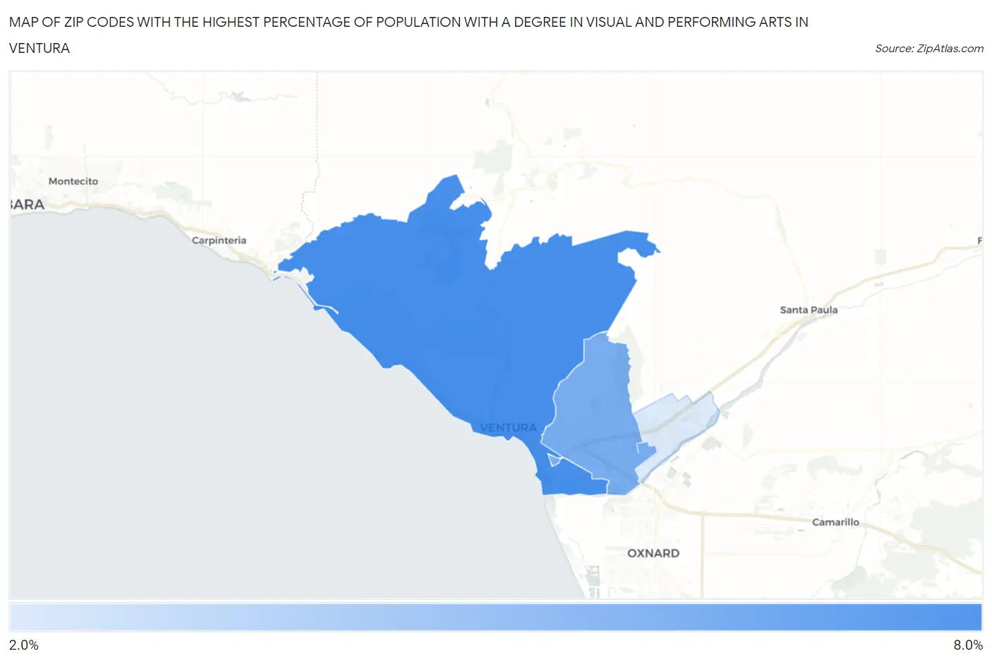 Zip Codes with the Highest Percentage of Population with a Degree in Visual and Performing Arts in Ventura Map