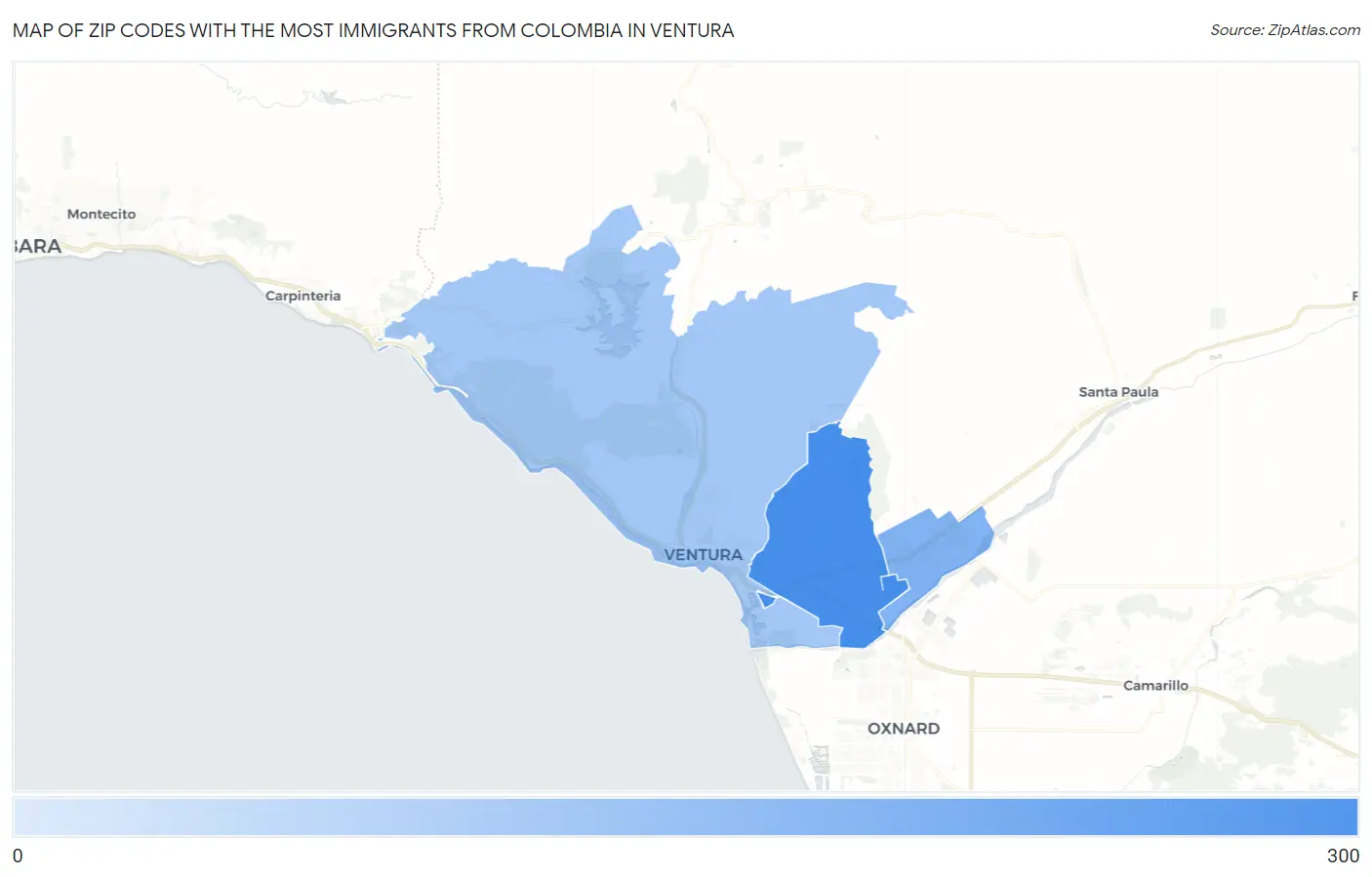Zip Codes with the Most Immigrants from Colombia in Ventura Map