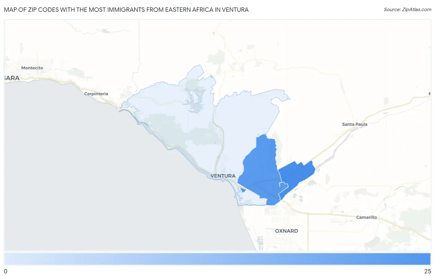 Zip Codes with the Most Immigrants from Eastern Africa in Ventura Map