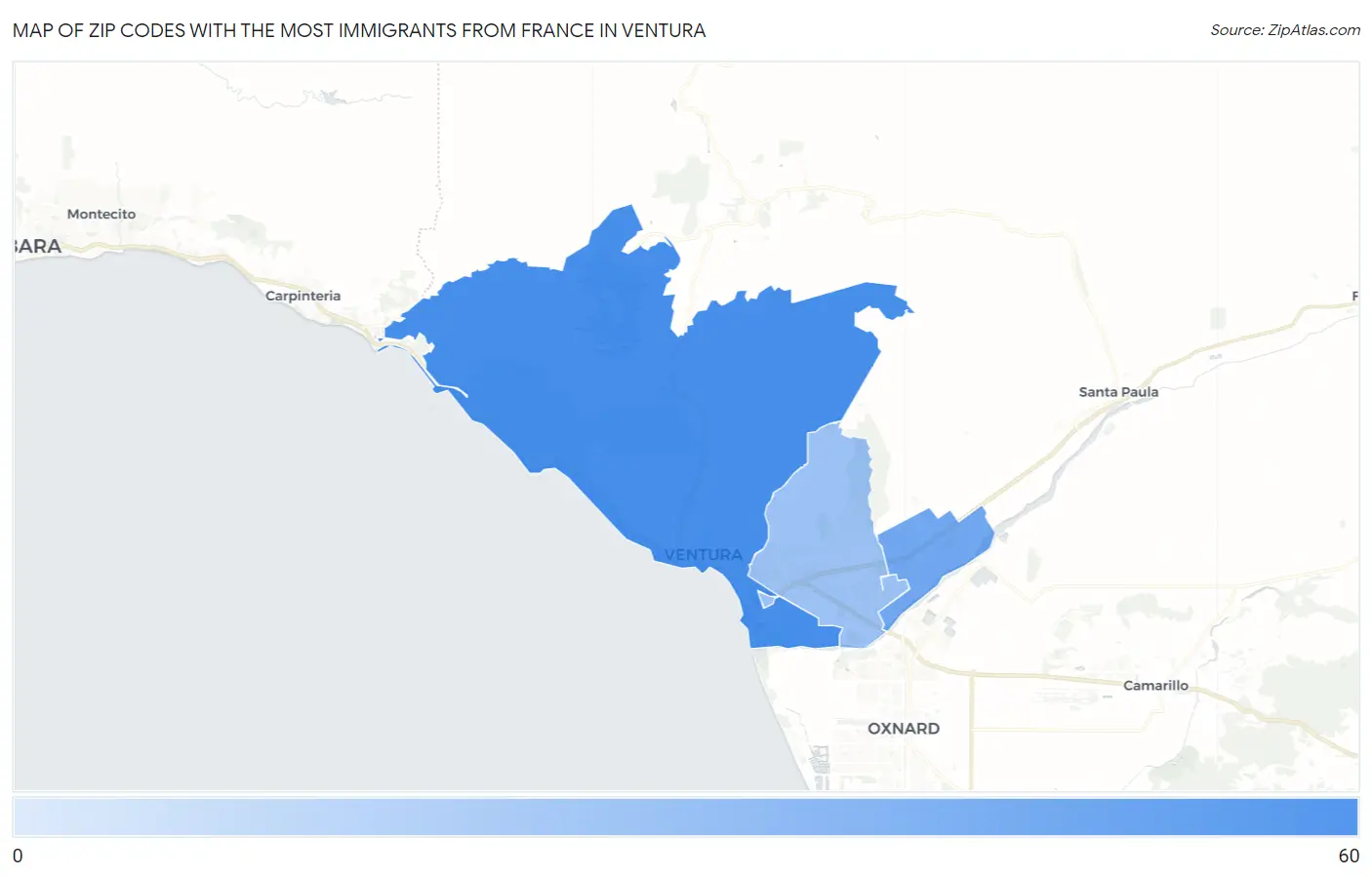 Zip Codes with the Most Immigrants from France in Ventura Map
