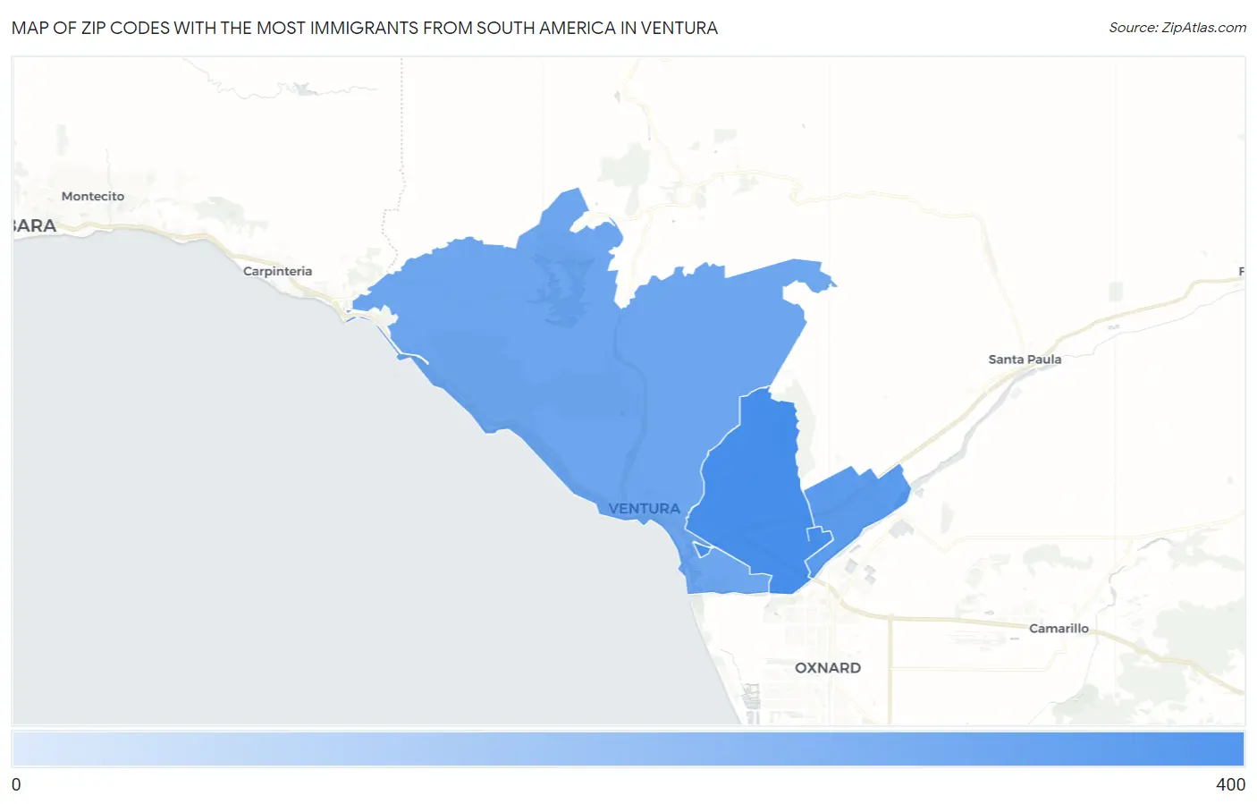 Zip Codes with the Most Immigrants from South America in Ventura Map