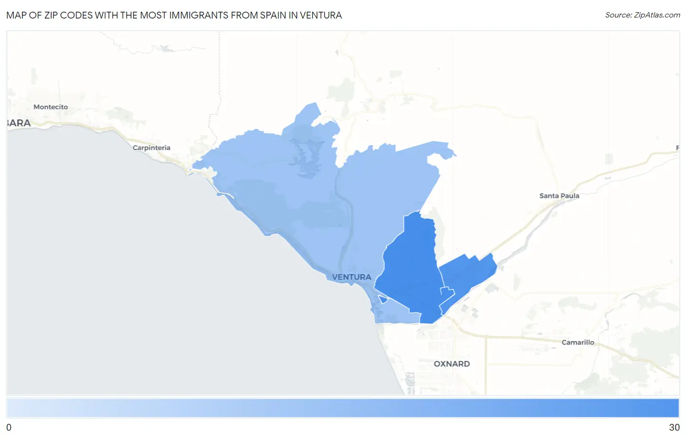 Zip Codes with the Most Immigrants from Spain in Ventura Map