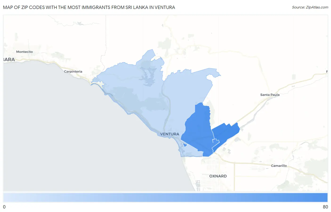 Zip Codes with the Most Immigrants from Sri Lanka in Ventura Map