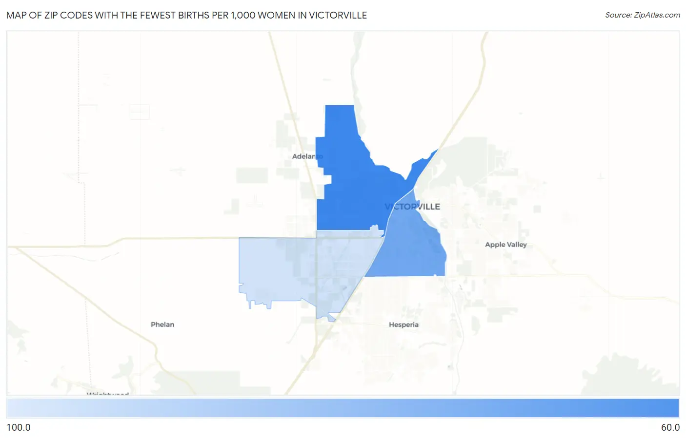 Zip Codes with the Fewest Births per 1,000 Women in Victorville Map