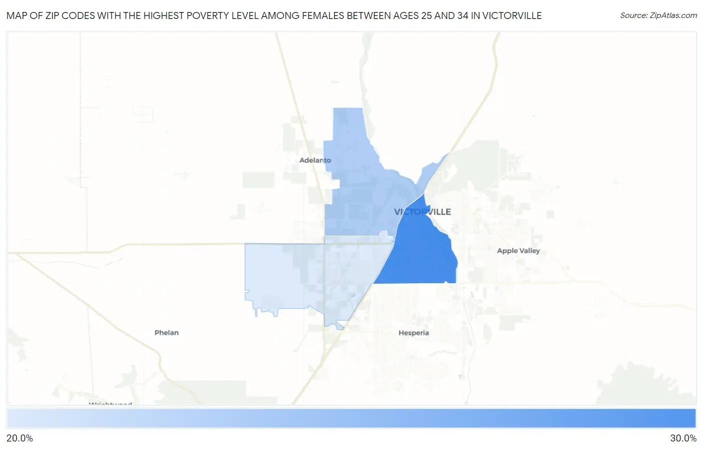 Zip Codes with the Highest Poverty Level Among Females Between Ages 25 and 34 in Victorville Map