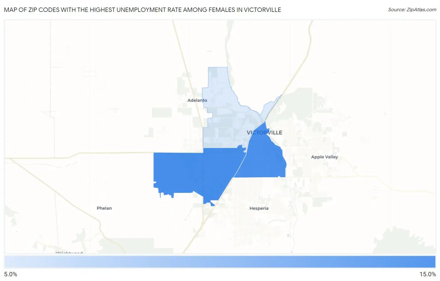 Zip Codes with the Highest Unemployment Rate Among Females in Victorville Map