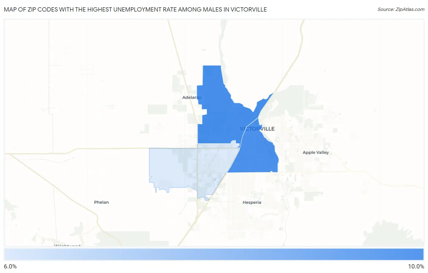 Zip Codes with the Highest Unemployment Rate Among Males in Victorville Map