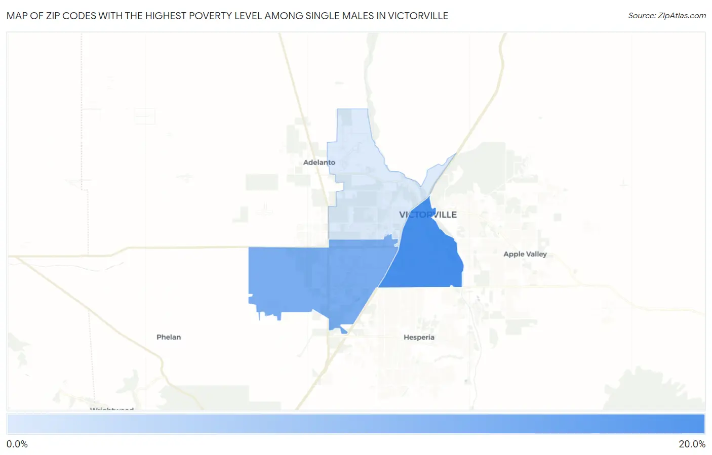 Zip Codes with the Highest Poverty Level Among Single Males in Victorville Map