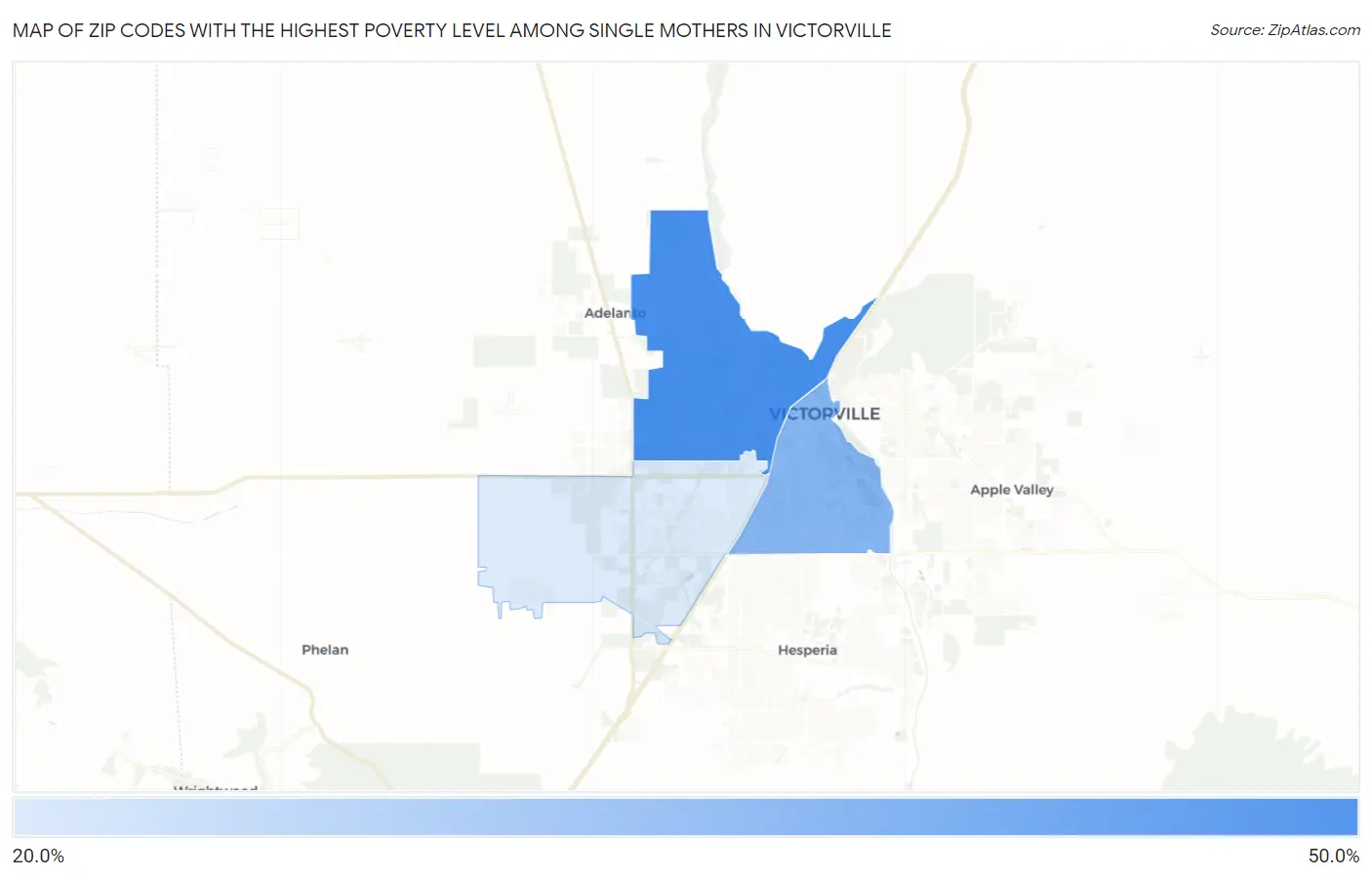 Zip Codes with the Highest Poverty Level Among Single Mothers in Victorville Map