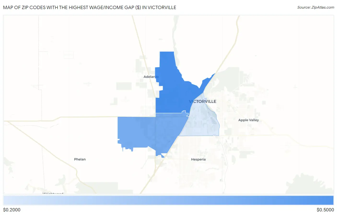Zip Codes with the Highest Wage/Income Gap ($) in Victorville Map