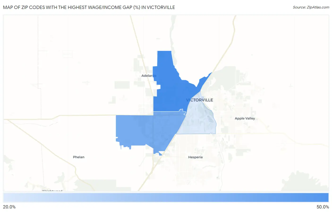 Zip Codes with the Highest Wage/Income Gap (%) in Victorville Map