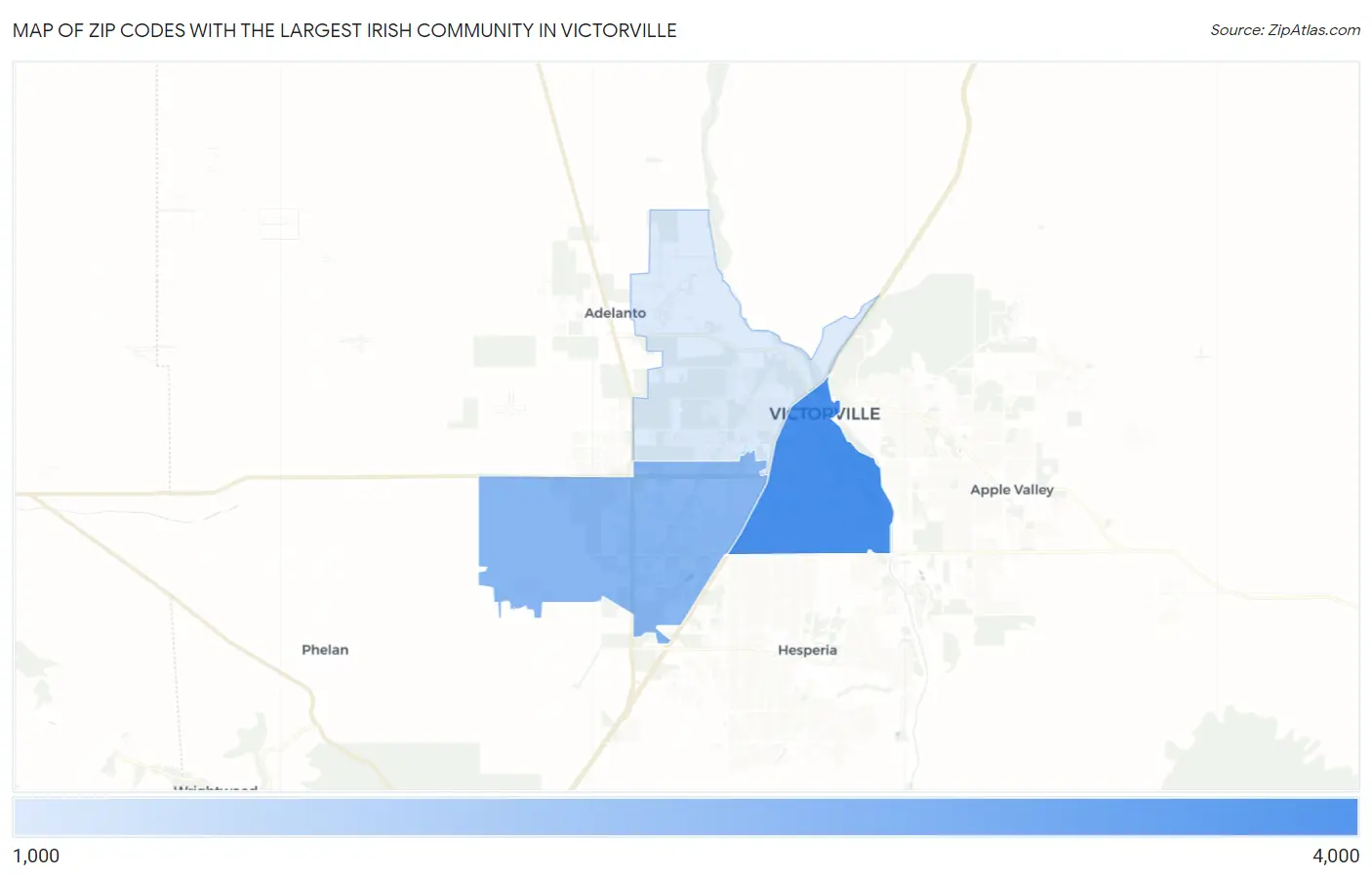 Zip Codes with the Largest Irish Community in Victorville Map